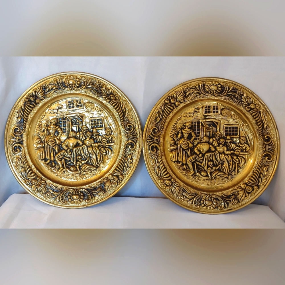 Vintage Cabaret Pub Scene Made In England 15" Decorative Brass Plaques